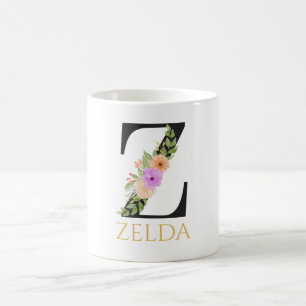 Taza de café con monograma floral en acuarela