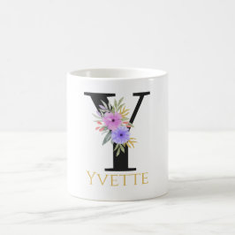 Taza de café con monograma floral en acuarela