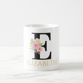 Taza de café con monograma floral en acuarela