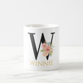 Taza de café con monograma floral en acuarela
