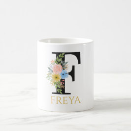 Taza de café con monograma floral en acuarela