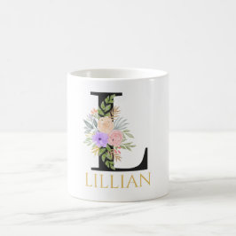 Taza de café con monograma floral en acuarela
