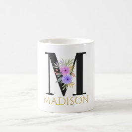 Taza de café con monograma floral en acuarela