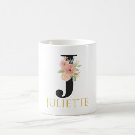 Taza de café con monograma floral en acuarela