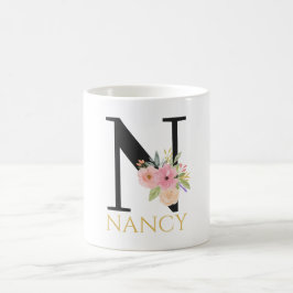 Taza de café con monograma floral en acuarela