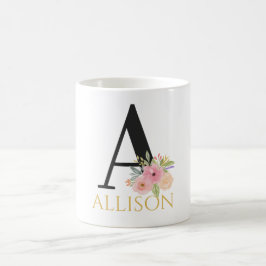 Taza de café con monograma floral en acuarela