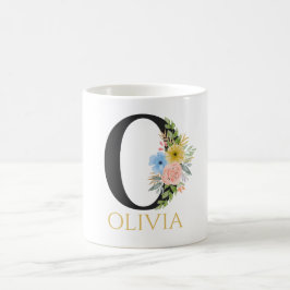 Taza de café con monograma floral en acuarela