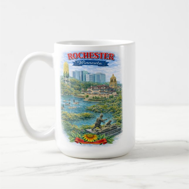 Taza de café con monumentos de Rochester MN Minnes (Izquierda)
