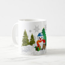 Taza de café con muñeco de nieve y árbol de Navida