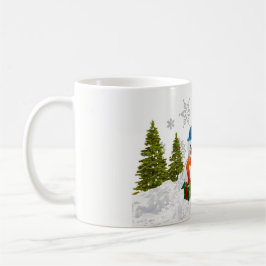 Taza de café con muñeco de nieve y árbol de Navida