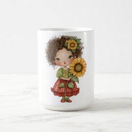 Taza de café con niña sosteniendo girasol