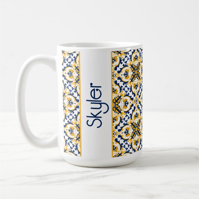 Taza De Café Con nombre 💙 💛 Hermosos Azulejos azules y amaril (Izquierda)