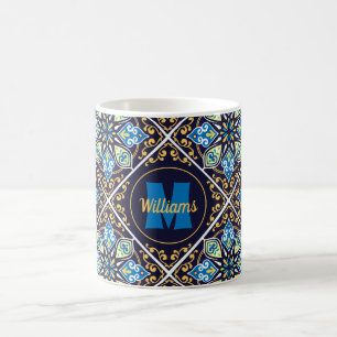 Taza De Café Con nombre y baldosas orientales iniciales, Azulej