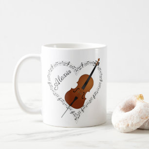 Taza de café con notas musicales de violonchelo