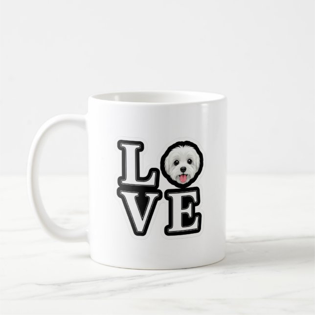 Taza de café con perro blanco esponjoso maltés de  (Izquierda)
