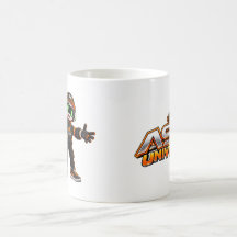Taza de café con personaje de robot de IA futurist