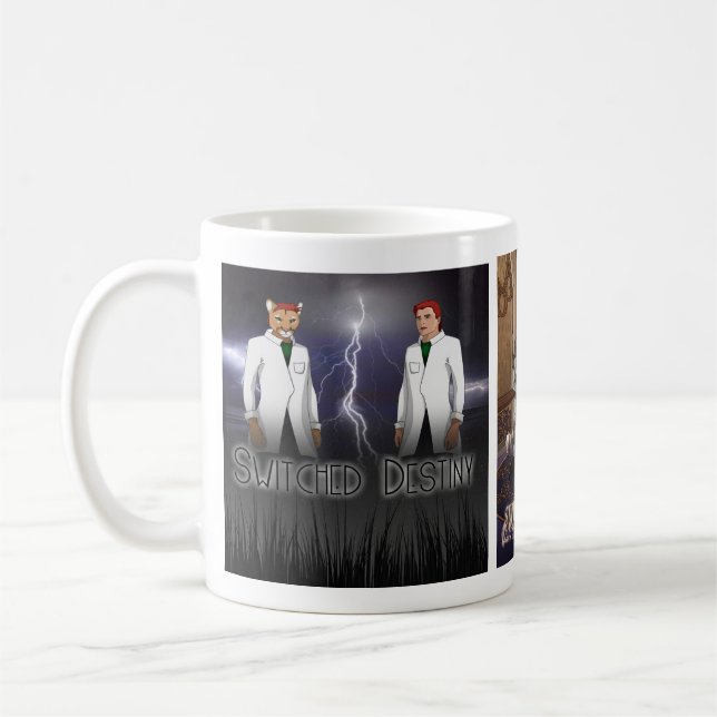 Taza de café con portada del libro Switched Destin (Izquierda)