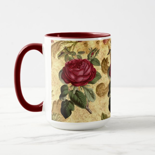 Taza de café con rosas granate vintage sobre tapiz (Izquierda)