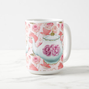 Taza De Café Con Rosas Rosadas Y Tetera