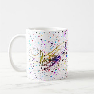 Taza de café con salpicaduras de música colorida