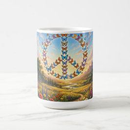 Taza de café con signo de paz dibujado con maripos