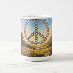 Taza de café con signo de paz dibujado con maripos