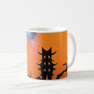 Taza de café con silueta de castillo espeluznante