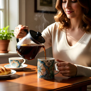 Taza de café con tapiz de flor cerúlea