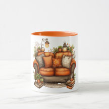 Taza de café con tonos cálidos de sofá y flores