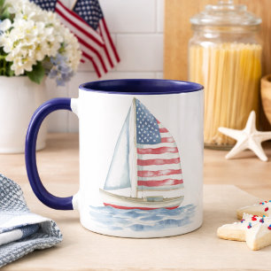 Taza de café con velero patriótico costero america