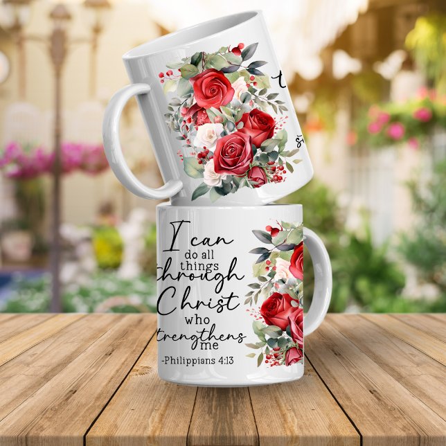 Taza de café con versículo bíblico Puedo hacer tod (Bible verse. I can do all things through Christ who strengthens me Philippians 4:13)