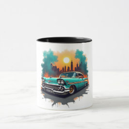 Taza de café con vibraciones de cielo de coche ret
