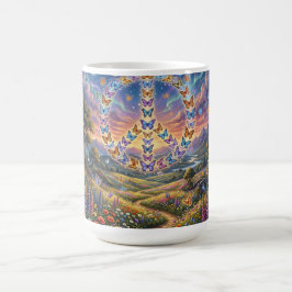 Taza de café con vista nocturna colorida de signo
