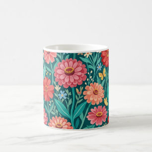 Taza de café con zinnias coloridas abstractas y ma