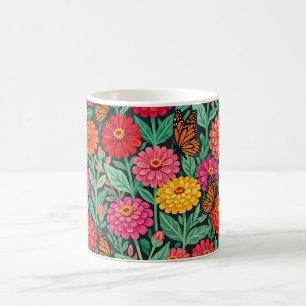 Taza de café con zinnias y mariposas abstractas me
