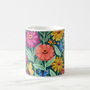 Taza de café con zinnias y mariposas coloridas abs