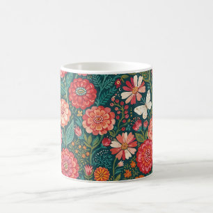 Taza de café con zinnias y mariposas indias abstra