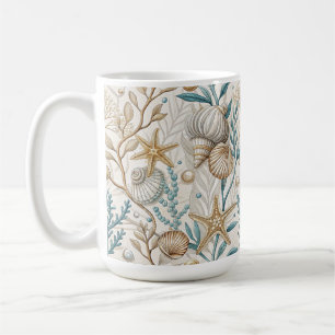 TAZA DE CAFÉ CONCHAS DE CARACOL MARRÓN VERDE BLANCO Y FOLLAJE A