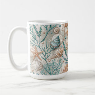 TAZA DE CAFÉ CONCHAS DE MAR BROWN GREEN WHITE Y FOLLAJE ACUÁTIC
