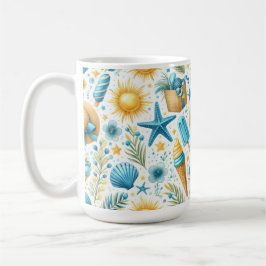 TAZA DE CAFÉ CONCHAS FLORES DE VERANO AZULES Y AMARILLAS