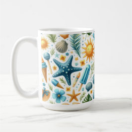 TAZA DE CAFÉ CONCHAS FLORES DE VERANO AZULES Y AMARILLAS