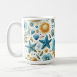 TAZA DE CAFÉ CONCHAS FLORES DE VERANO AZULES Y AMARILLAS