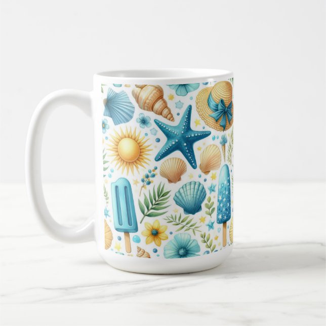 TAZA DE CAFÉ CONCHAS FLORES DE VERANO AZULES Y AMARILLOS (Izquierda)