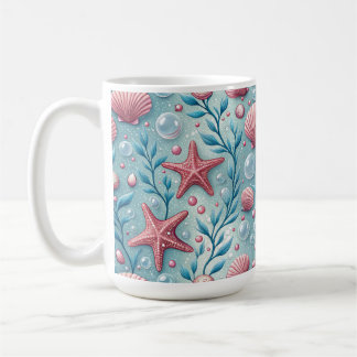TAZA DE CAFÉ CONCHAS ROJAS Y ROSADAS Y ESTRELLAS DE MAR EN OCÉA