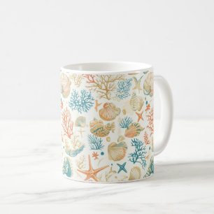 Taza De Café Conchas y corales caprichosos con acentos azules s