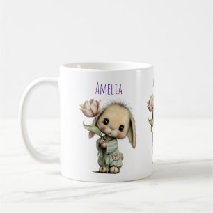 Taza De Café Conejito Lindo Sosteniendo un Tulipán