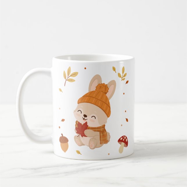 Taza De Café Conejito Sonriente de Otoño Acuarela. Café (Izquierda)