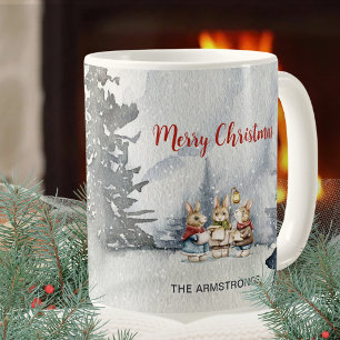 Taza De Café Conejitos Cantores Navideños Acuarela Invierno