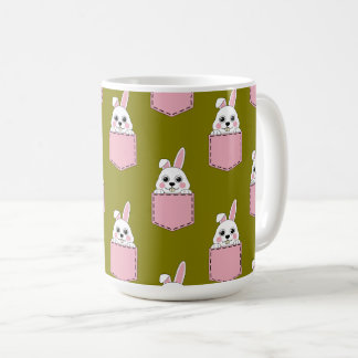 Taza De Café Conejo Blanco en Patrón de Bolsillo Rosa