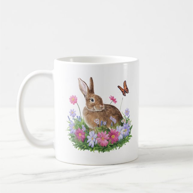 Taza De Café Conejo con mariposa y campo de flores (Izquierda)
